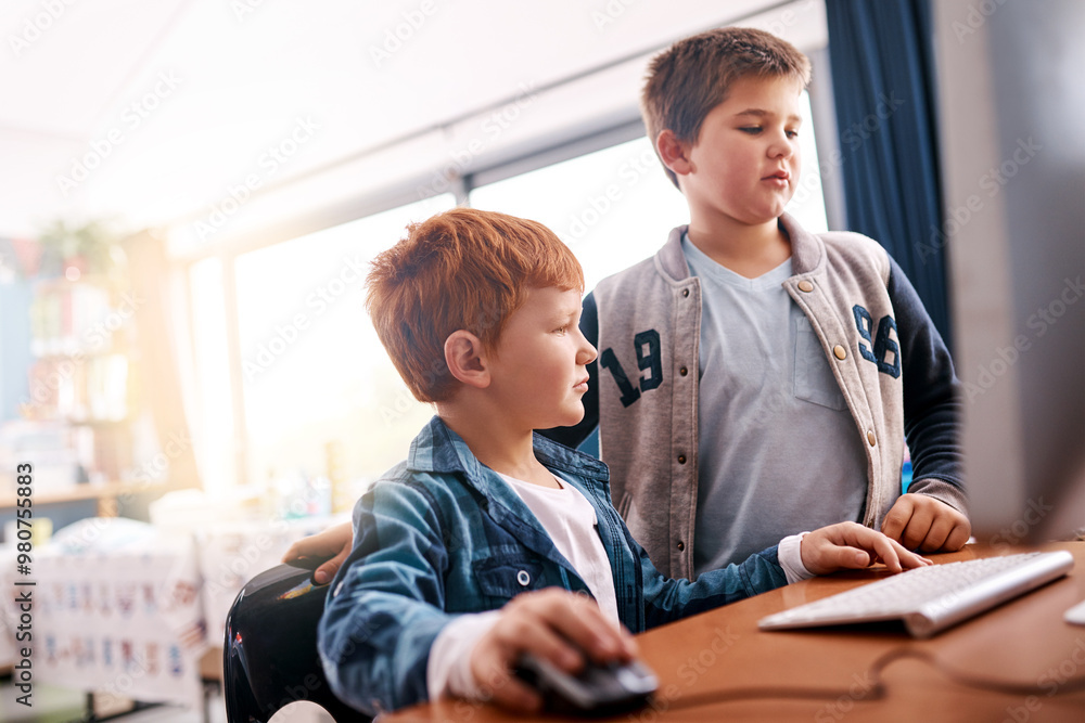 Poster computer, technology and research with children in classroom for education, future and digital libra