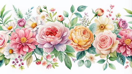 Naklejka premium Vibrant watercolor flowers in soft pastel hues adorn a horizontal banner, perfect for Mother's Day celebrations, featuring blooming peonies, roses, and daisies on a white background.