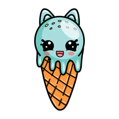 
Happy kawaii ice cream with cat ears and cute face. Vector illustration isolated on white background