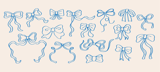 Set of doodle outline elegant bow. Whimsical blue drawn bow tie on white background. Design elements. Symbol wedding celebration and birthday party decorations