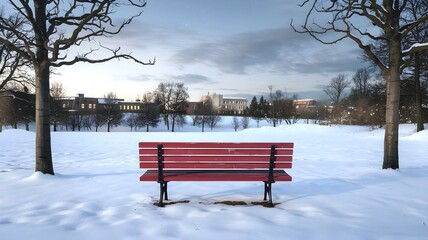 An empty red color bench is placed in a beautiful winter snowy landscape with trees