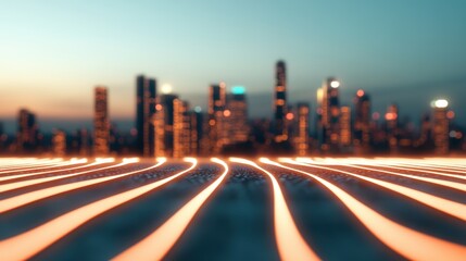 Fototapeta premium A digital cityscape with glowing lines representing complex algorithms running in the background.