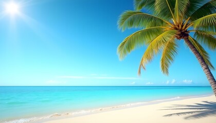 A tropical beach with a palm tree, clear blue sky