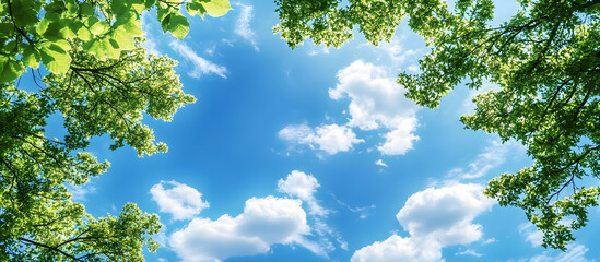 Fototapeta premium Blank blue sky with fluffy clouds and green tree branches in the foreground providing copy space image