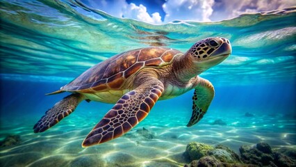 Obraz premium A side view of a sea turtle swimming in the water.