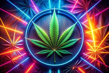 Vibrant neon lights surround a single marijuana leaf, casting an otherworldly glow on its intricate details, creating a mesmerizing and futuristic visual experience.