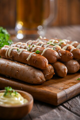 A stack of grilled sausages drizzled with creamy mayonnaise, garnished with fresh parsley. The juicy sausages are arranged beautifully on a wooden board, showcasing their smoky flavo