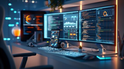 Modern Desk with Monitors Displaying Code and Data
