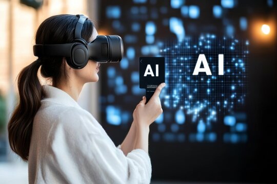 Woman wearing VR headset with holographic AI symbols representing virtual reality interfaces and artificial intelligence in immersive digital environments