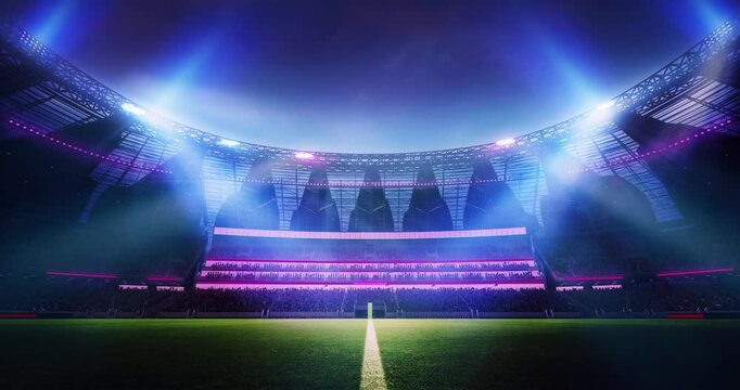 3D render football, soccer stadium with blurred tribunes with fans, empty arena in neon light. Open air match. Stop motion, animation. Concept of sport, competition, tournament, game, event