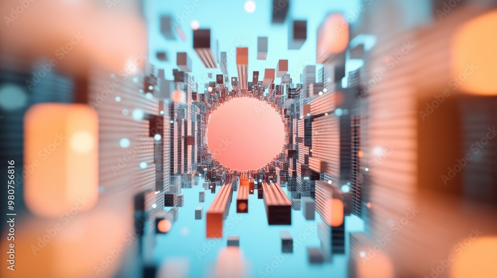 Poster a digital cityscape with buildings that morph and change shape, showcasing the surreal and unpredict