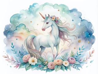 Whimsical watercolor design features a majestic, delicate unicorn with pastel hues and gentle strokes, surrounded by soft, dreamy clouds and subtle floral accents.