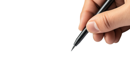 A close-up of a hand holding a pen, ready to write on a blank surface, symbolizing creativity and expression.