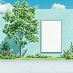Obraz premium A white sign is on a wall next to a tree. The scene is peaceful and serene, with the tree providing shade and the sign adding a sense of calmness to the area