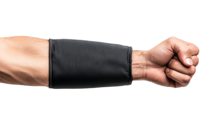 A close-up of a muscular arm wearing a black protective sleeve, showcasing strength and readiness for action.