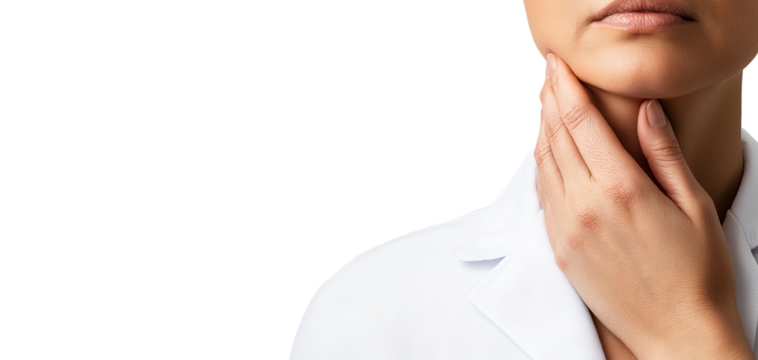 A close-up of a person in a lab coat, gently touching their throat, suggesting concern or examination.