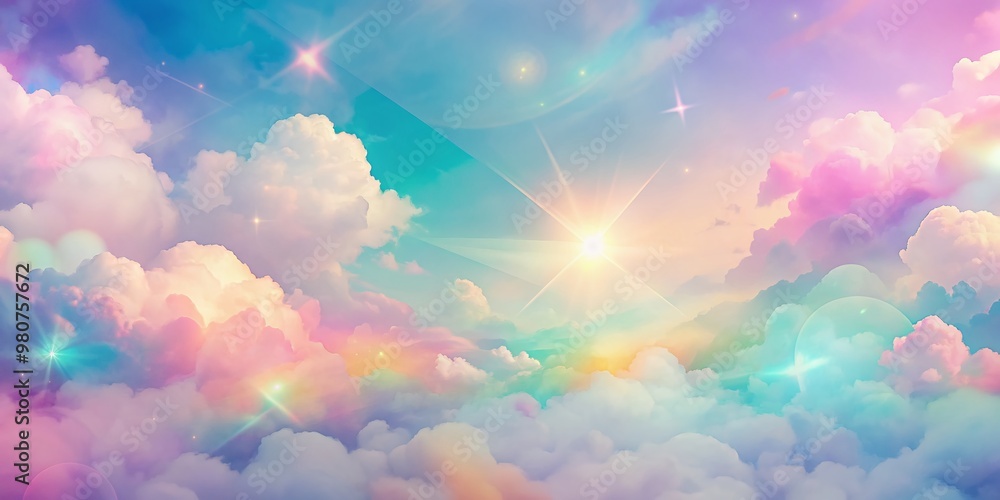 Poster softly blended abstract geometric shapes in gentle rainbow hues and pastel tones create a serene, dr