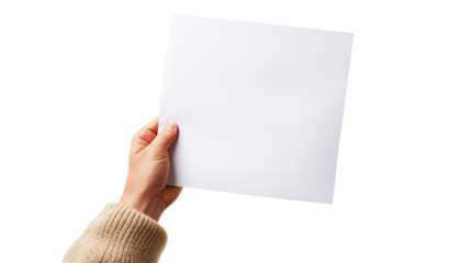 A close-up view of a hand holding a blank white sheet of paper, perfect for showcasing templates or creative designs.