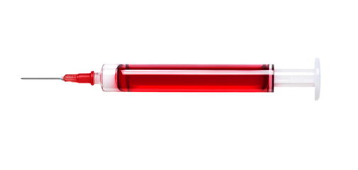A close-up view of a medical syringe filled with red liquid, symbolizing health and medical care in a clinical setting.