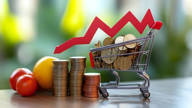 A red arrow pointing downwards,  over stacks of coins, and a shopping cart filled with coins.