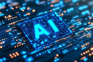 Fototapeta premium Blue AI microchip surrounded by intricate digital circuitry symbolizing advanced artificial intelligence processing and high speed data flow in modern computing systems