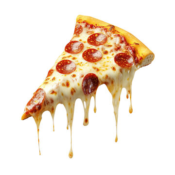 Naklejki A delicious slice of pepperoni pizza with gooey, melted cheese dripping down. Perfect for food lovers and culinary projects.