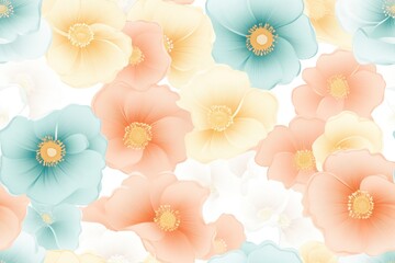A vibrant floral pattern featuring pastel-colored flowers on a light background.