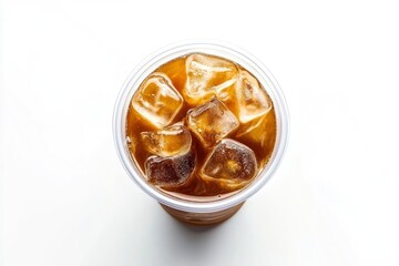 Takeaway plastic cup with iced cold coffee drink isolated on white background, Top view , ai