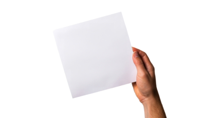 A hand holding a blank sheet of paper, perfect for customization, notes, drawings, or as a background in various designs.