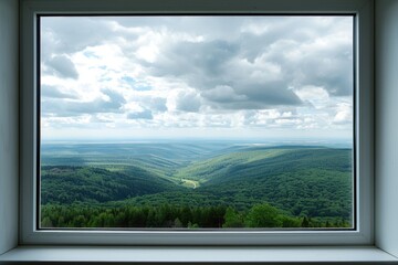 Fototapeta premium View through an open window onto beautiful landscape
