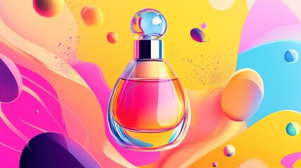 A perfume bottle illustration for social media, featuring bold, artistic visuals that make the product stand out with vibrant colors.