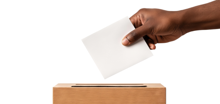 A hand placing a blank ballot into a ballot box, symbolizing voting, democracy, and civic participation.
