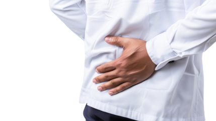 A person experiencing back pain, holding their lower back with discomfort. Ideal for health-related themes and wellness topics.