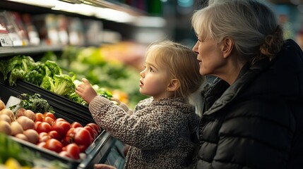 Grandma takes her granddaughter shopping for vegetables at the supermarket