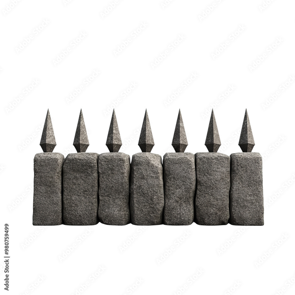 Aufkleber a row of metallic spikes on a textured base, ideal for architecture and design themes in modern art.