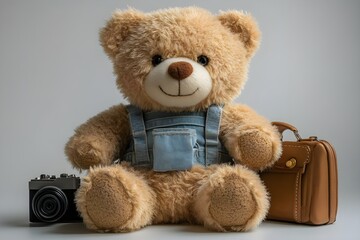 a teddy bear with a camera and suitcase

