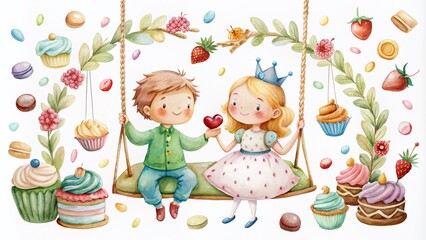 Fototapeta premium Whimsical watercolor illustration of little prince and princess characters' empty swing surrounded by sweet treats, set against a clean white background, evoking joy and innocence.