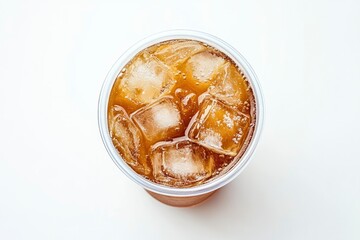 Takeaway plastic cup with iced cold coffee drink isolated on white background, Top view , ai