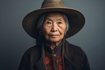 Portrait of a content asian elderly woman in her 90s wearing a rugged cowboy hat isolated in soft gray background