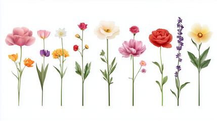Collection of various flowers arranged in a row, vector illustration