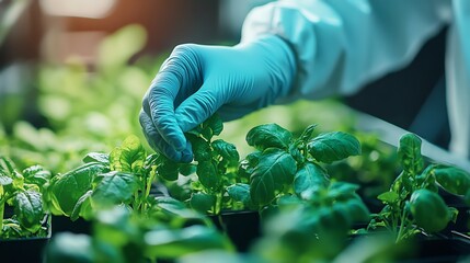A close-up of a gloved hand carefully tending to vibrant green basil plants in a controlled environment.