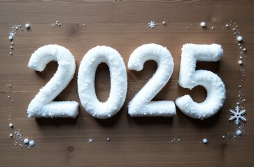 Top down view of small volumetric letters "2025" made of snow on a wooden table
