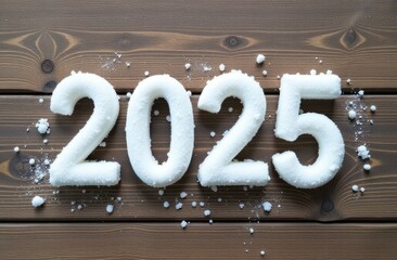 Top down view of small volumetric letters "2025" made of snow on a wooden table