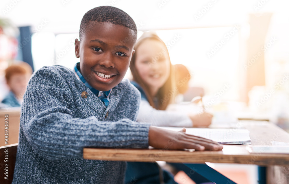 Poster desk, portrait and kids in classroom for lesson in growth, happy child development and notebook for 