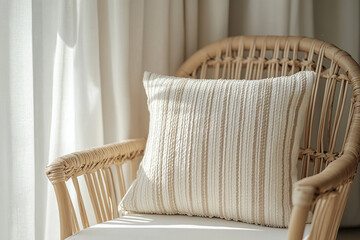 A minimalist yet cozy beige and white striped throw pillow on an elegant rattan chair, bathed in soft natural light through sheer curtains. The scene exudes tranquility with the texture of fabric.
