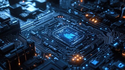 Detailed macro shot of a glowing microchip on a computer circuit board, highlighting technology, electronics, and modern computing