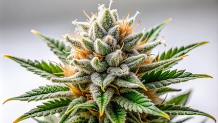 Luxuriant, high-potency cannabis bud abundant in crystalline trichomes and delicate hairs, showcased against a pristine white backdrop, highlighting its exceptional quality and intensity.