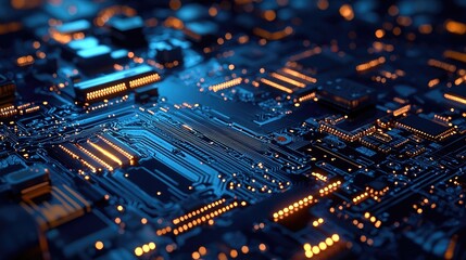 Obraz premium Detailed macro shot of a glowing microchip on a computer circuit board, highlighting technology, electronics, and modern computing
