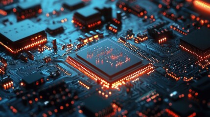 Fototapeta premium Detailed macro shot of a glowing microchip on a computer circuit board, highlighting technology, electronics, and modern computing