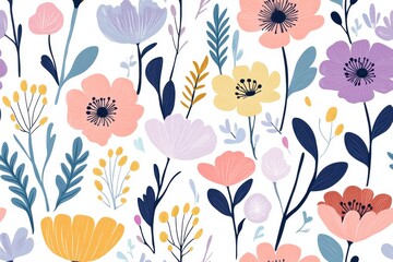 A vibrant floral pattern featuring various colorful flowers and leaves.